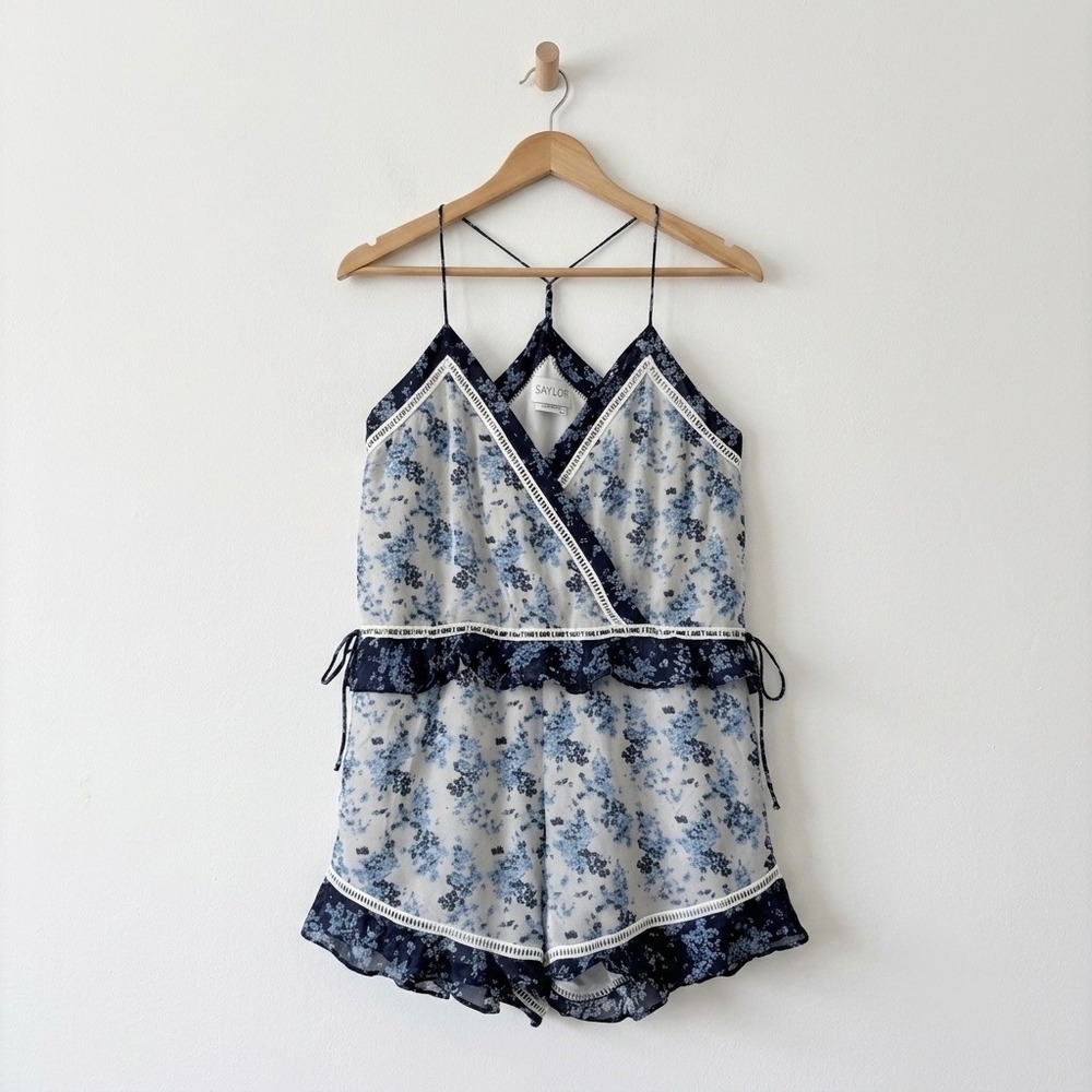 SAYLOR M Silk Blend Blue‎ Floral Romper Cottagecore Coquette Ladder Lace Ruffle⁠
